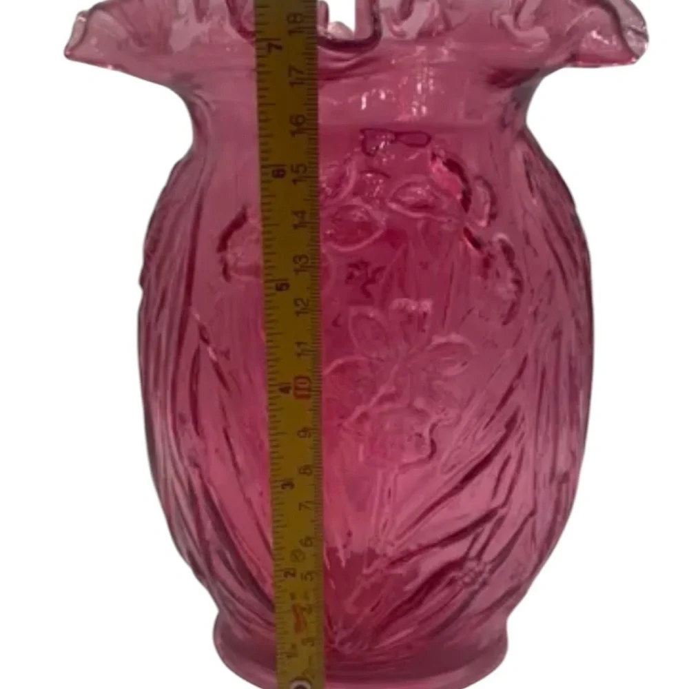 VINTAGE FENTON PINK PRESSED GLASS VASE WITH RUFFLED EDGE FLORAL PATTERN 8”